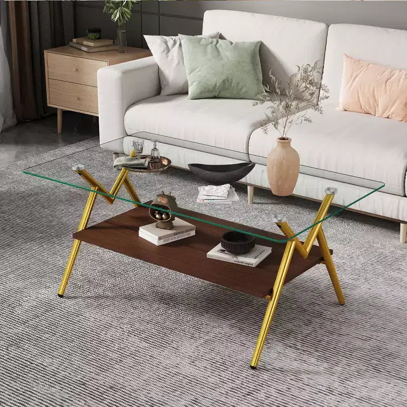 Okak 38.6 Modern Rectangle Coffee Table End Tables with Clear Tempered Glass Top and MDF Layer for Living Room/Office, Space-Saving
