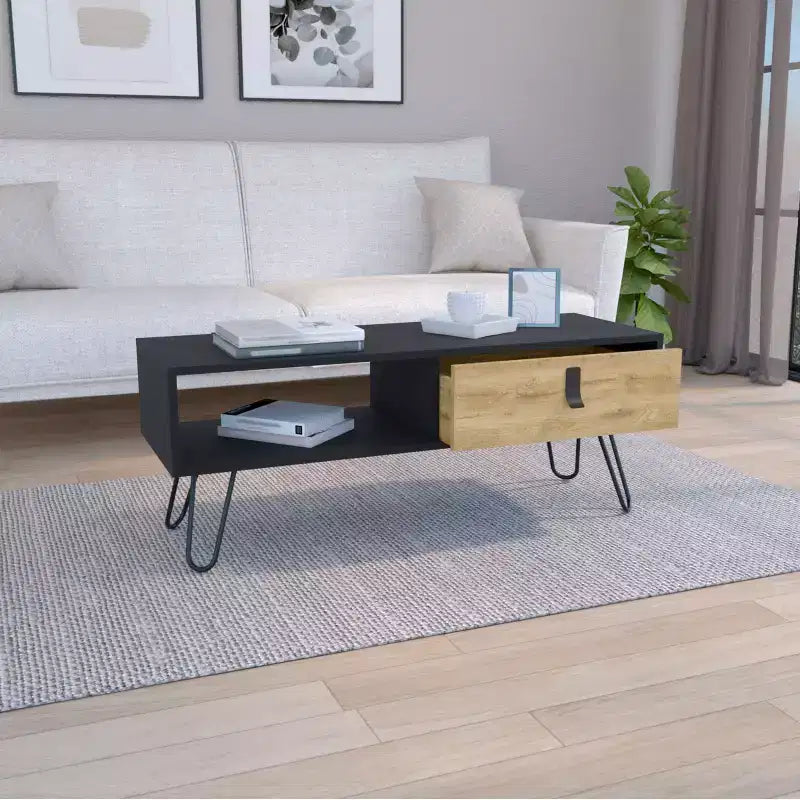 Okak Modern Rectangle Coffee Tables with Ample Storage Drawer and Hairpin Legs for Living Room/Office, Space-Saving