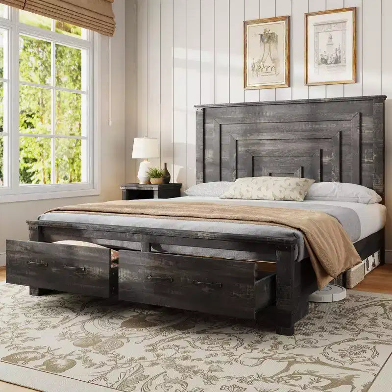 AMERLIFE Farmhouse Bed Frame with 54 Tall Geometric Headboard
