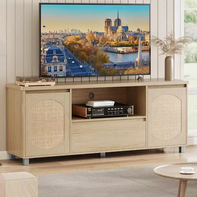 63 Rattan & Oak TV Stand for 70 TVs Modern Entertainment Center with Storage Drawer & Open Shelves, Media Console for Living Room or Bedroom