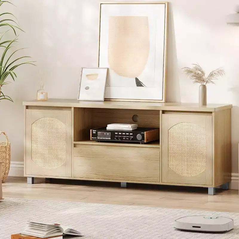 Meuble TV en rotin et chêne