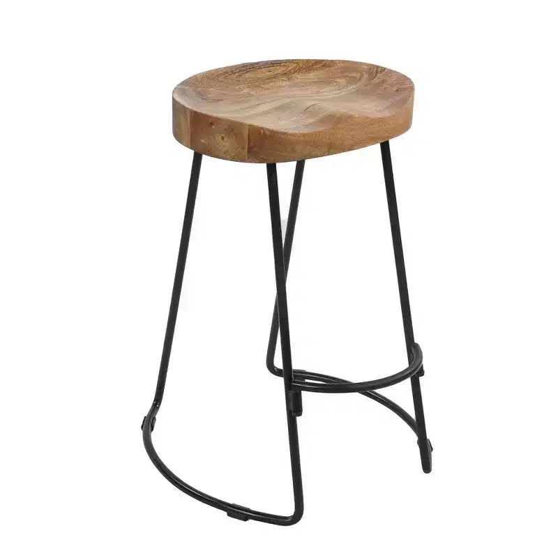 Tabouret de bar en fer forgé, assise en bois, style industriel, forme de selle