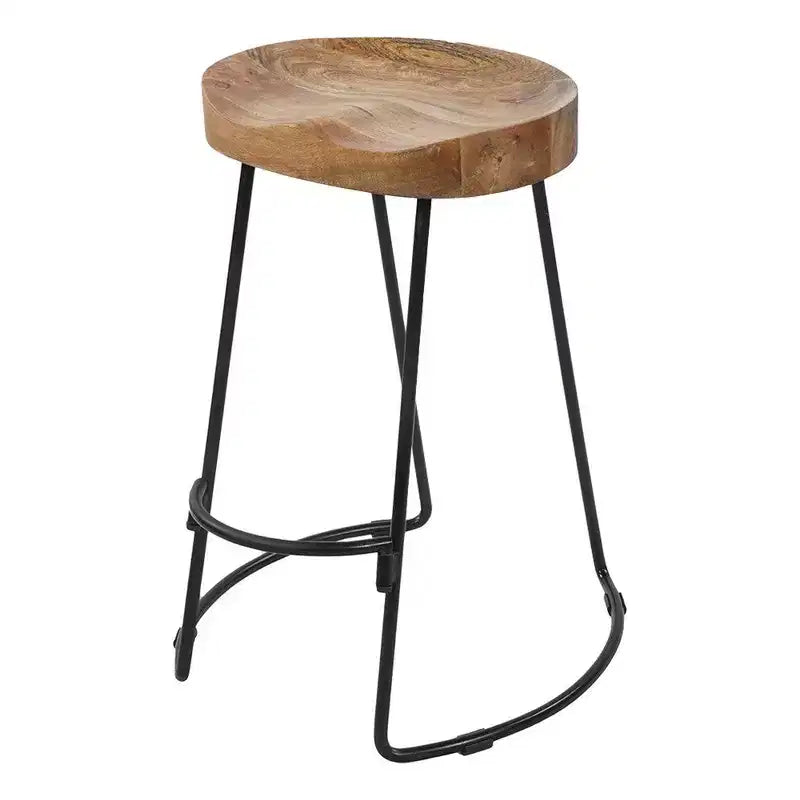 Tabouret de bar en fer forgé, assise en bois, style industriel, forme de selle
