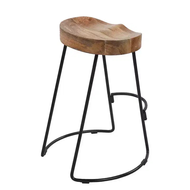 Tabouret de bar en fer forgé, assise en bois, style industriel, forme de selle
