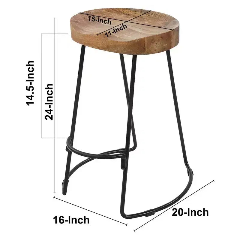 Tabouret de bar en fer forgé, assise en bois, style industriel, forme de selle