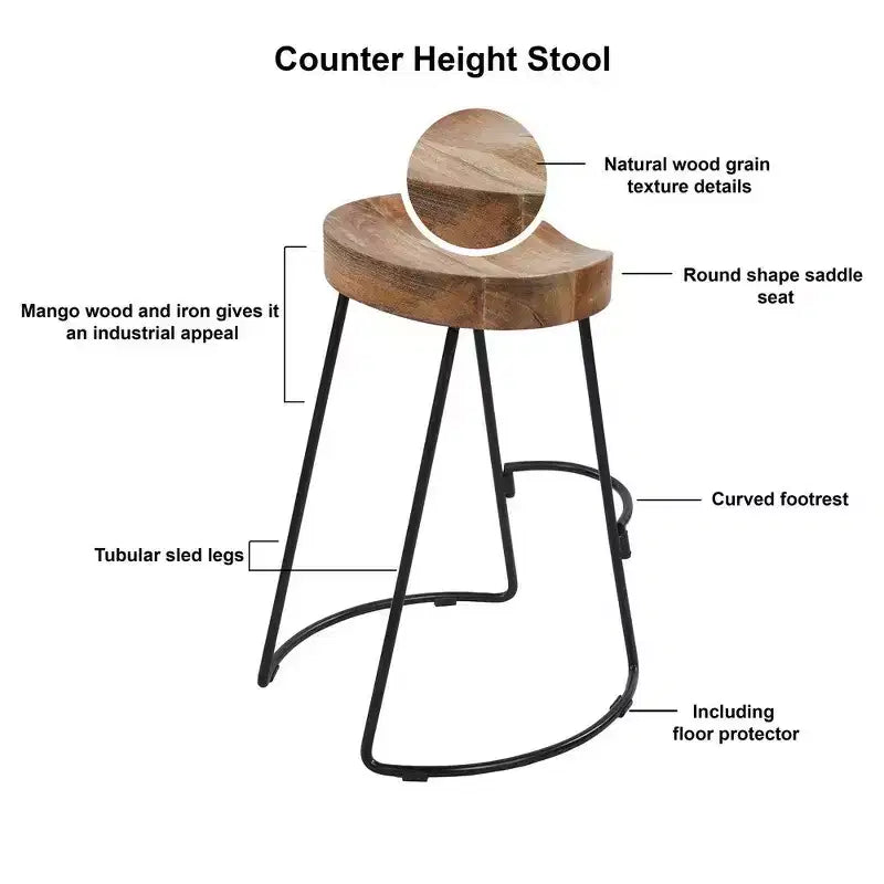 Tabouret de bar en fer forgé, assise en bois, style industriel, forme de selle