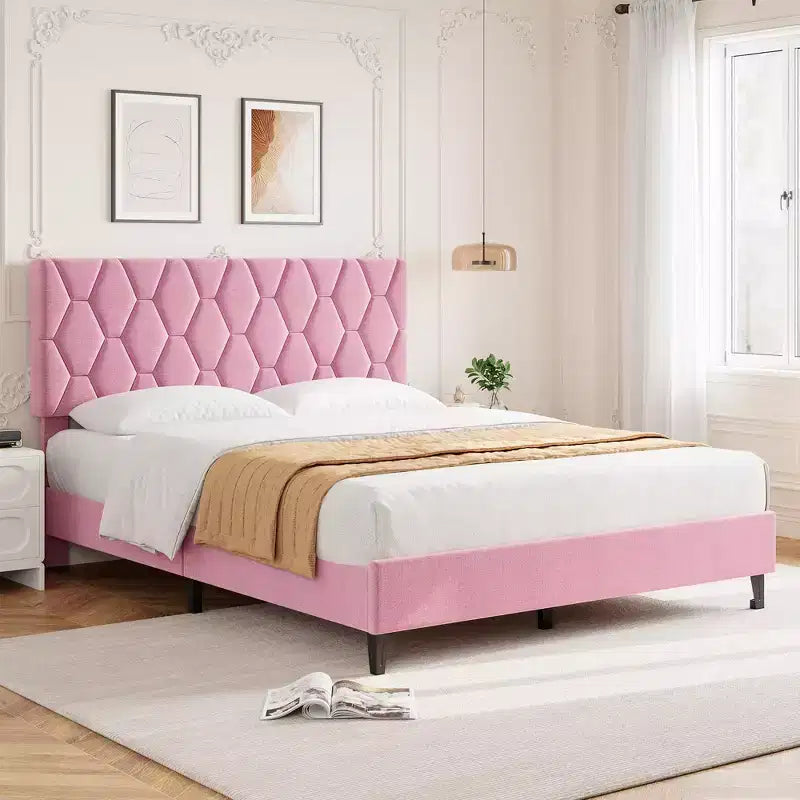 Bed Frame with Upholstered Headboard - Heavy-Duty Platform Bed Frame with Strong Wood Slats, No Box Spring Needed, Noise Free, Easy Assembly