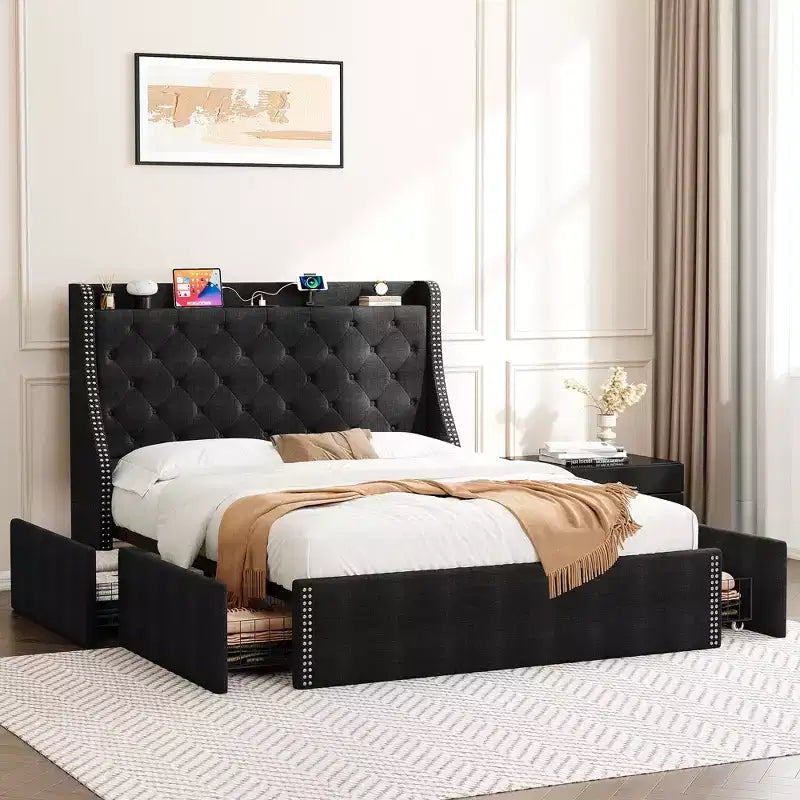 Bed Frame with 4 Storage Drawers and Storage Headboard, Charging Station with Type-C & USB Ports, No Box Spring Needed