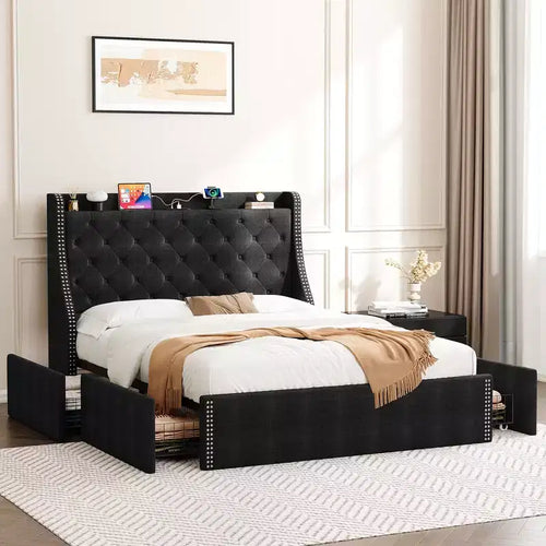 Bed Frame with 4 Storage Drawers and Storage Headboard, Charging Station with Type-C & USB Ports, No Box Spring Needed