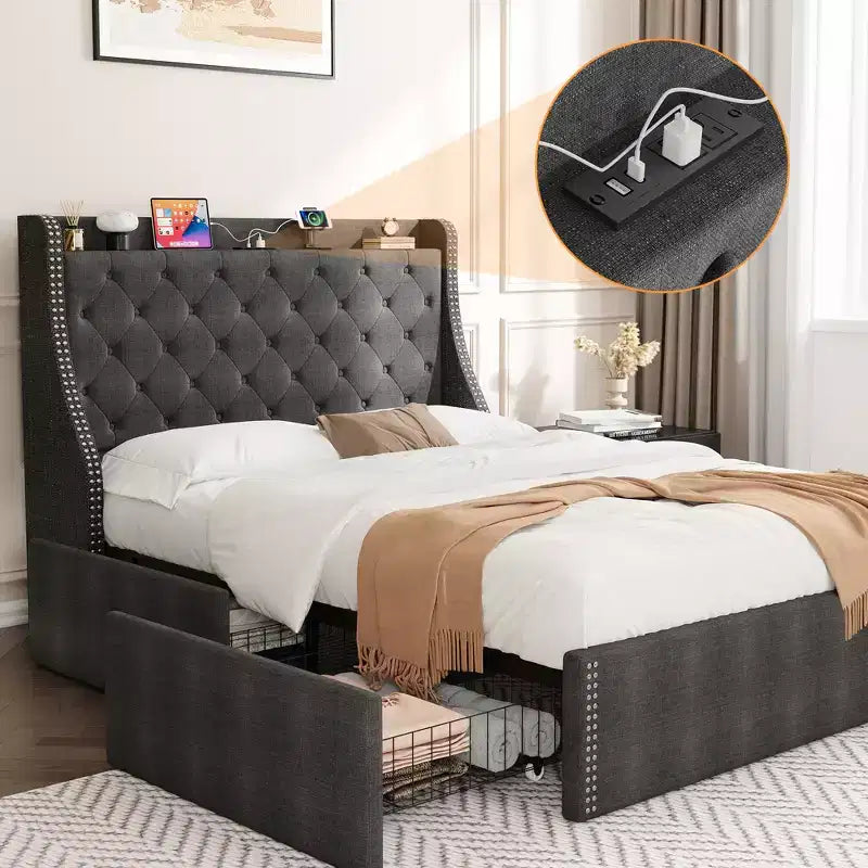 Cadre de lit avec tiroirs de rangement et tête de lit de rangement