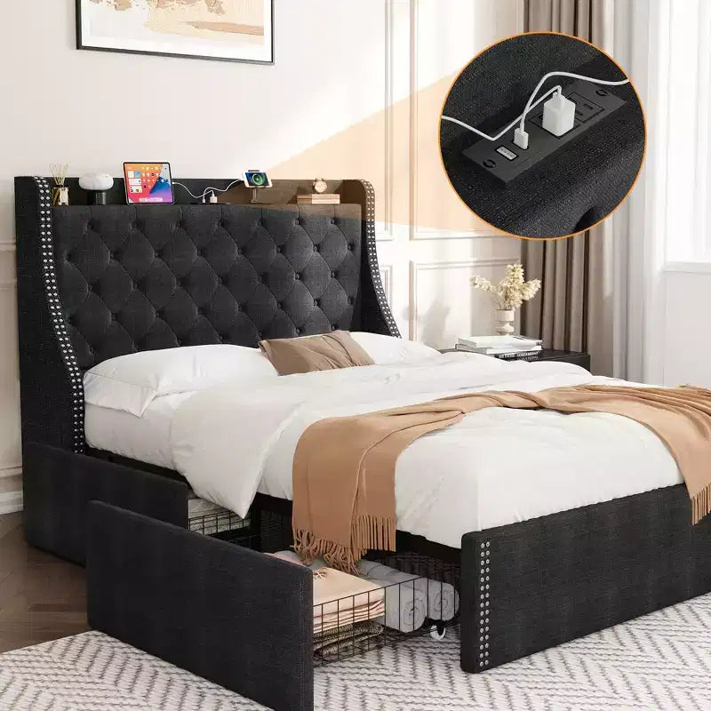 Cadre de lit avec tiroirs de rangement et tête de lit de rangement