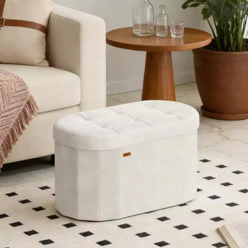SONGMICS MAZIE Collection - Folding Ottoman with Storage,Oval Storage Ottoman Bench,End of Bed Bench,Velvet Fabric