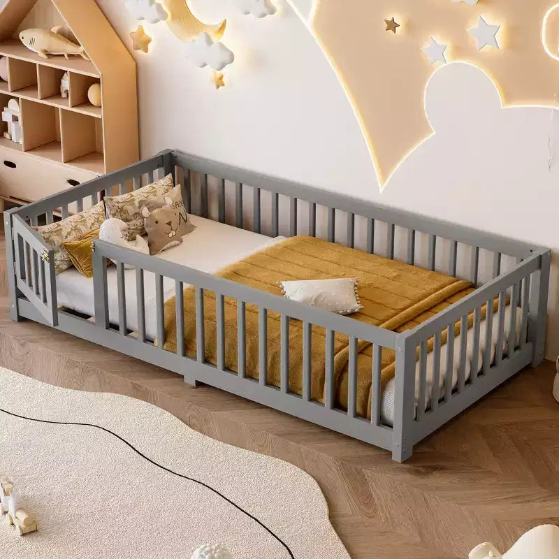 Bellemave Floor Bed with Safety Guardrails,Pine Floor Bed Frame with Door for Kids,No Box Spring Needed