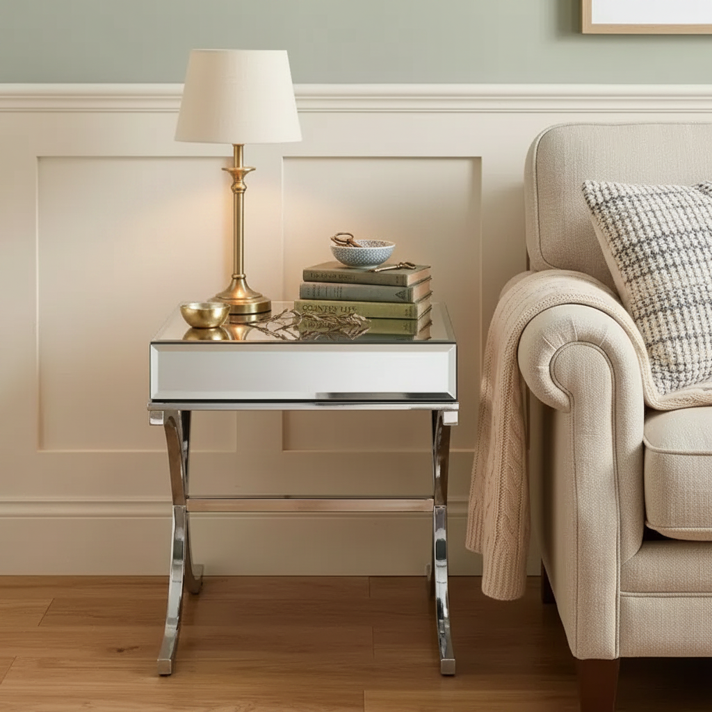 Table d'appoint miroir carré en verre transparent